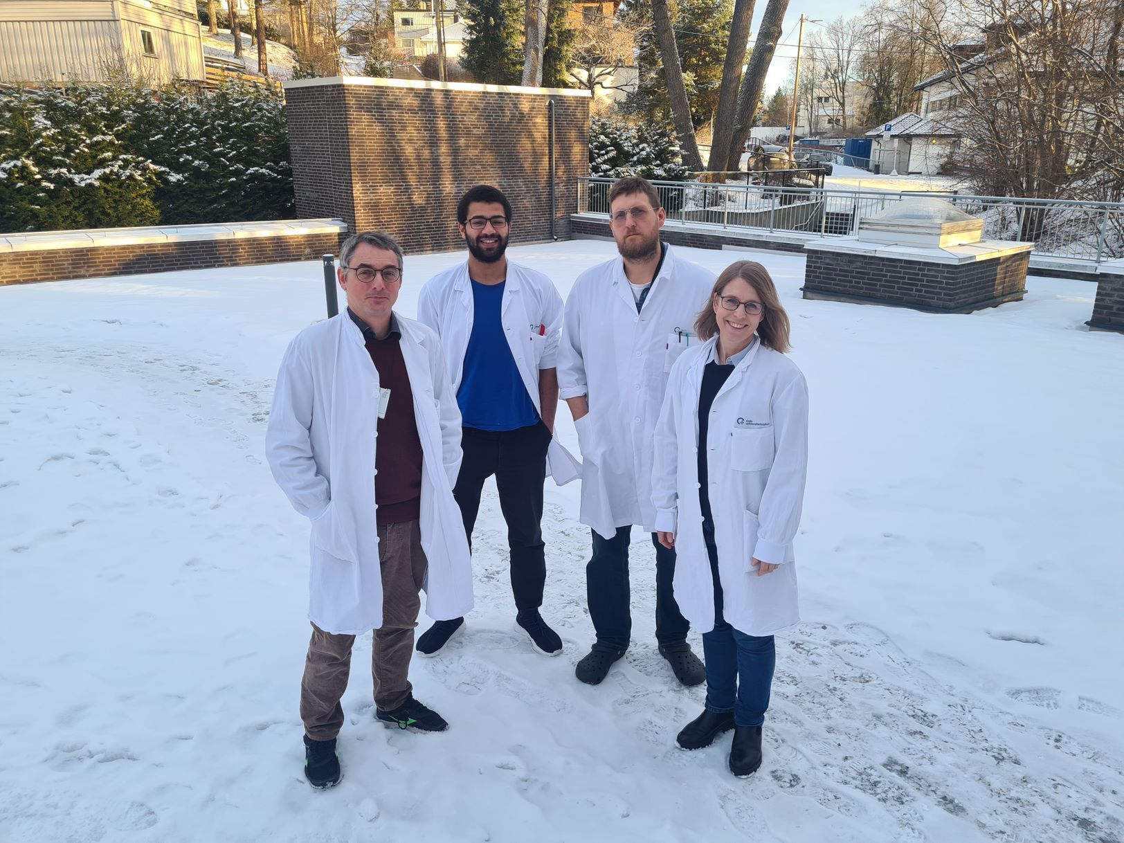 The research team at Oslo University Hospital involved in ALTERCAR. From left Senior researcher Sébastien Wälchli (group leader), Christopher Forcados (PhD student), Stefano Bradamante (Special engineer) and Else Marit Inderberg (Head of Unit).